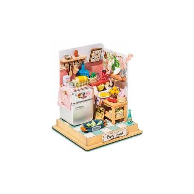 Kit de muebles de madera autoensamblados de cocina en miniatura, Mini modelo moderno hecho a mano Plus con cubierta antipolvo