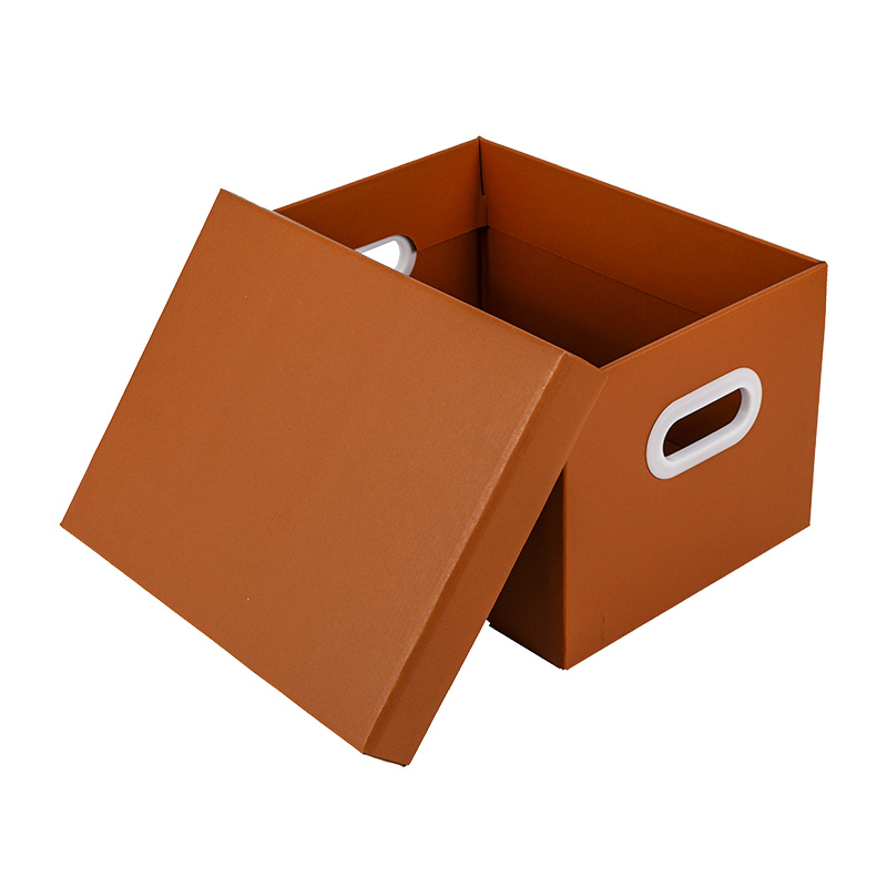 Caja Bankers color Naranja Crepúsculo con tapa elevable y asas protectoras caja de almacenaje de papel kraft reciclable de diferentes medidas