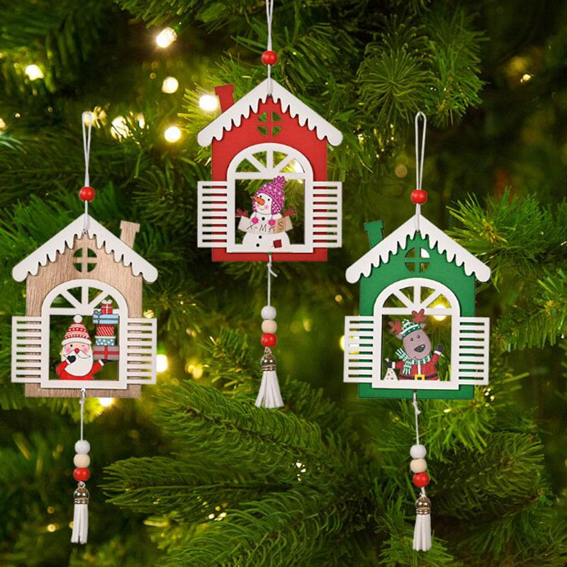 Decoración de árbol de Navidad con forma de ventana colgante de madera con borla