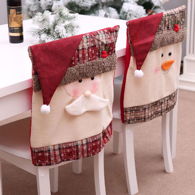 Funda para silla con patrón de cuadrícula con decoración de sombrero con forma de cara de Papá Noel y muñeco de nieve