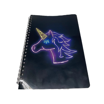 Cuaderno de negocios en espiral con unicornio de neón en la portada